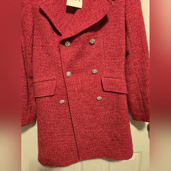 NWT Zara Textured Tweed Double-Breasted Coat Pink Rhinestone Buttons Size XS - Picture 8 of 13